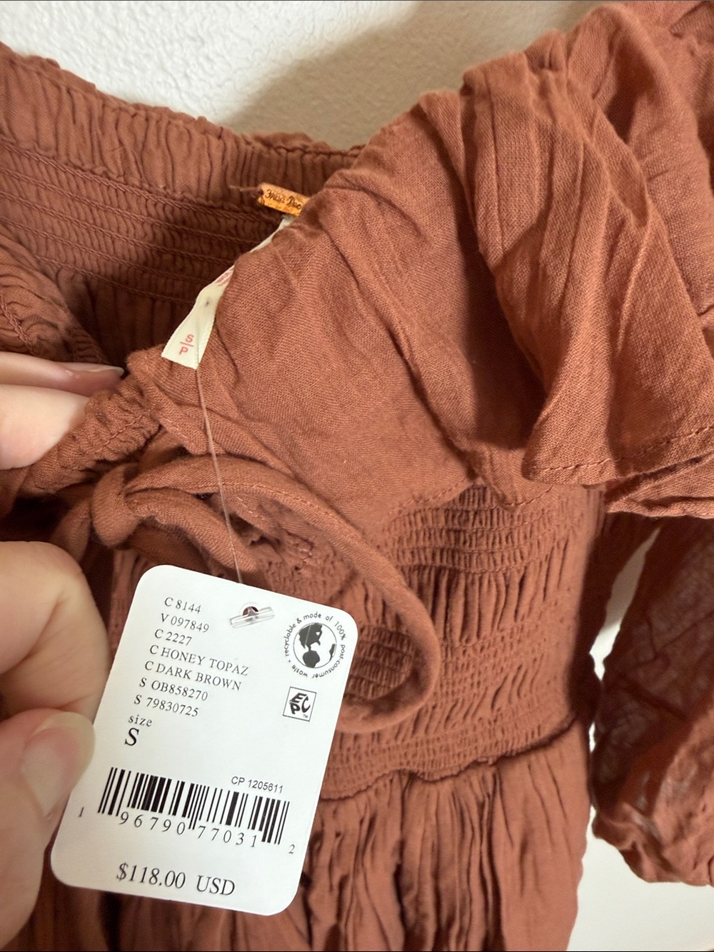 NWT Free People Oasis Midi Dress Honey Topaz Brown Smocked Cotton Size S - Picture 4 of 7